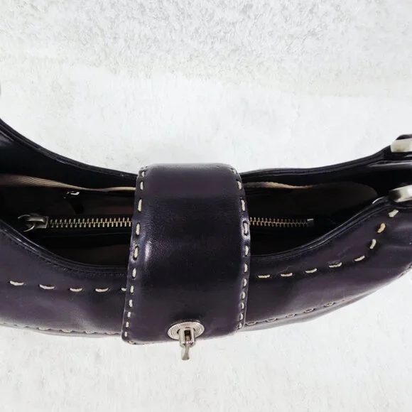 TALBOTS Black Smooth Leather Shoulder Bag Decorative Top Stitching Retro - Picture 10 of 15